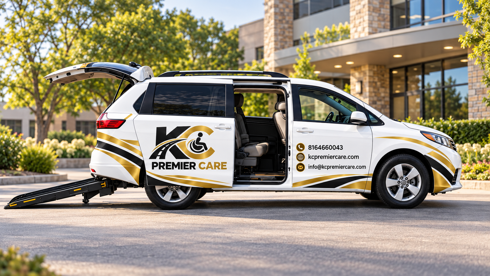 KC Premier Care branded wheelchair-accessible vehicle with rear ramp extended