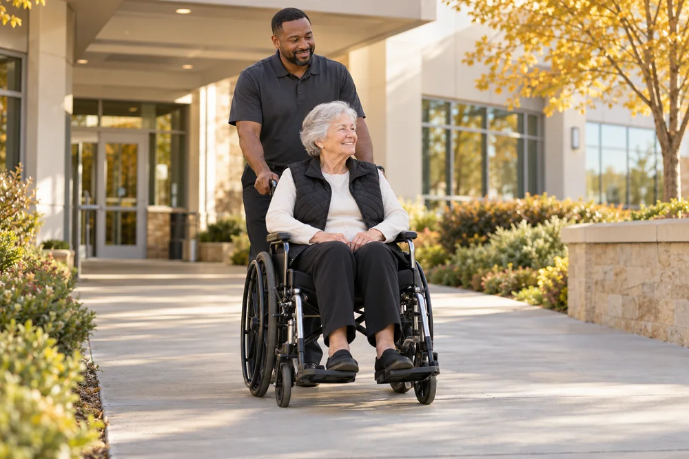 KC Premier Care attendant pushing older wheelchair user outside modern healthcare facility